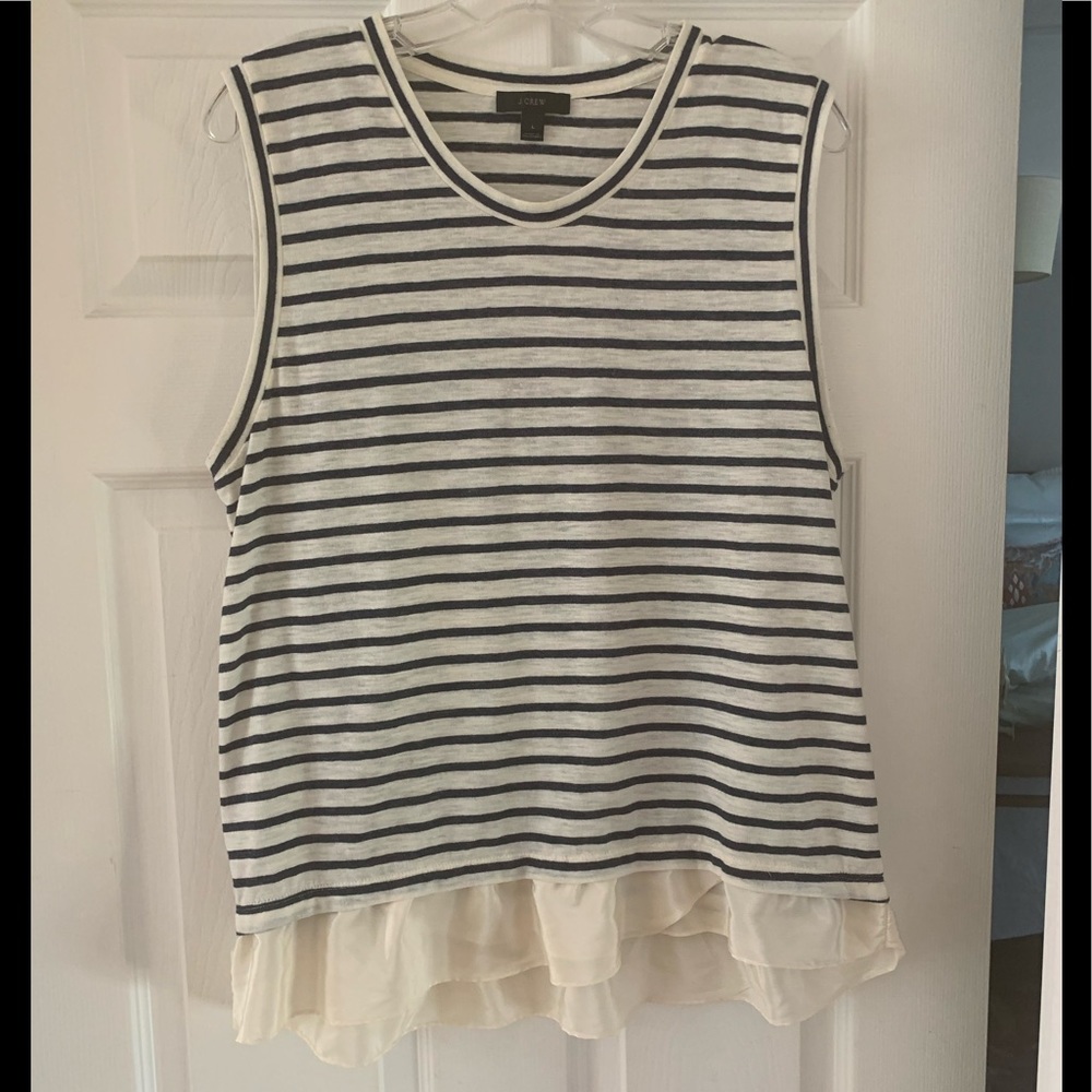 J Crew cream and blue striped tank with sheer ruffle flounce hem.